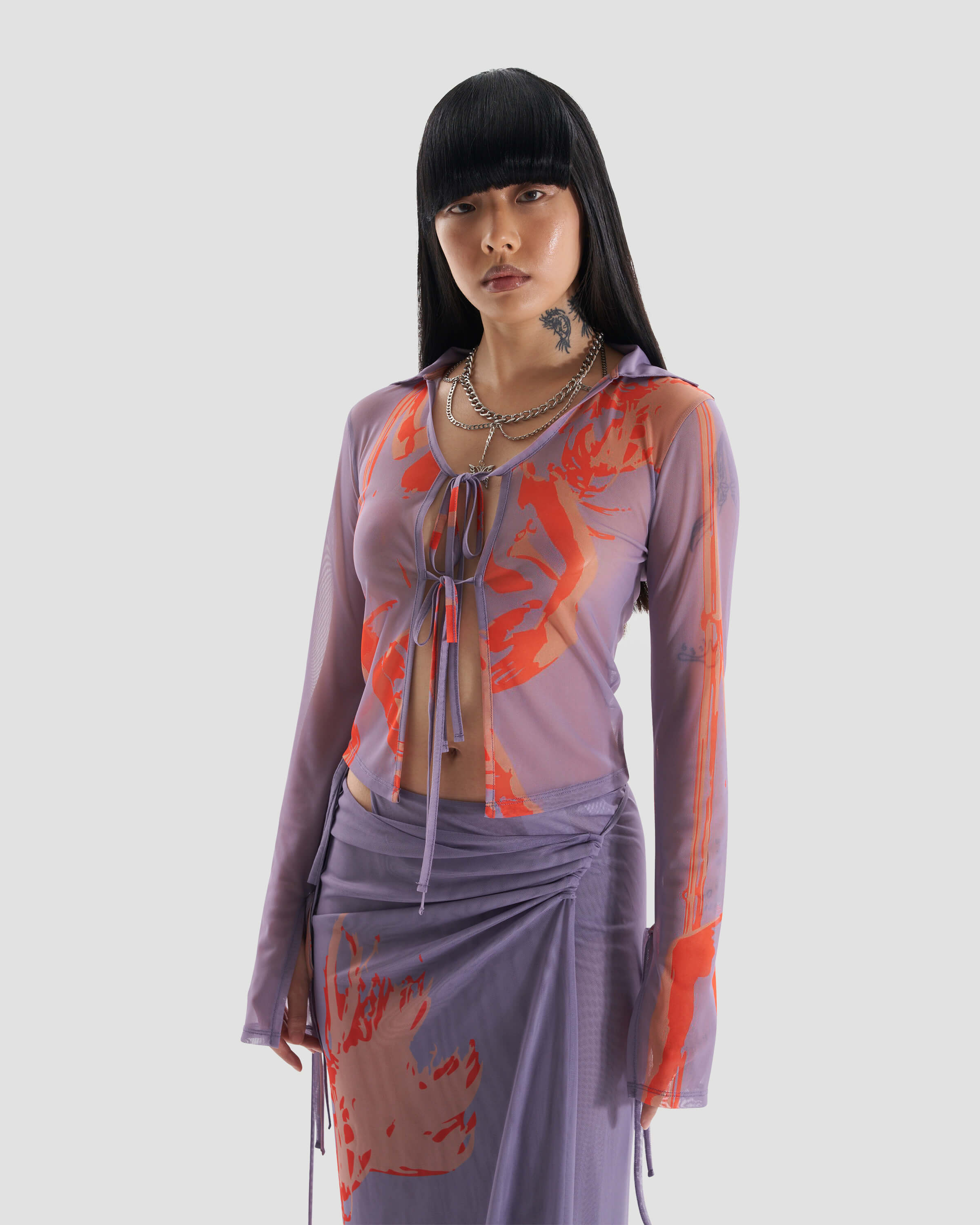 Modern Co-Ord Printed Mesh Shirt with Tie Detail in Purple